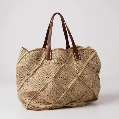 Sacs et cabas - Sac Cabas MAEVA - anses cuir ou raphia - TONGASOA-ARTISANAL