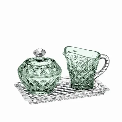 Crystal ware - Malachit crystal set sugar bowl - creamer and tray - 3 pieces - PEKALLA CRISTAL GLASS