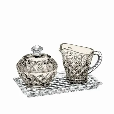 Crystal ware - Mokka crystal set sugar bowl - creamer and tray - 3 pieces - PEKALLA CRISTAL GLASS