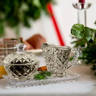 Crystal ware - Mokka crystal set sugar bowl - creamer and tray - 3 pieces - PEKALLA CRISTAL GLASS