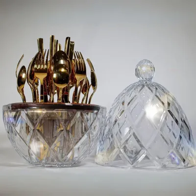 Cutlery set - The Ambrosia 24-Piece Gold Plated Flatware Set in a Crystal Holder - ARCAICO