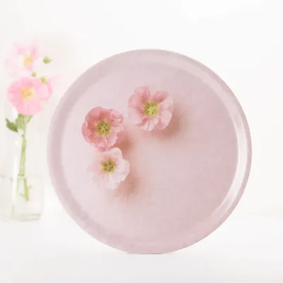 Ustensiles de cuisine - Round wooden serving tray - Trompe-l'œil pink flowers 38 cm - MONBOPLATO