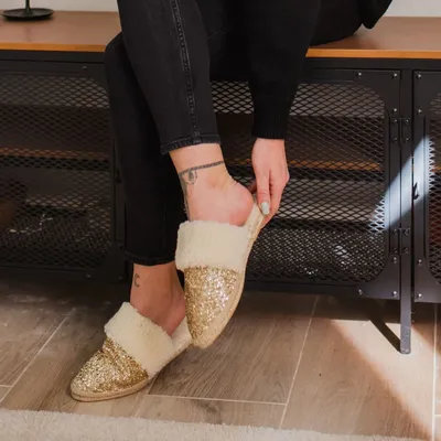 Homewear - Pantoufles femme dorées à paillettes – Laine et jute, fait main - ATELIER COSTÀ