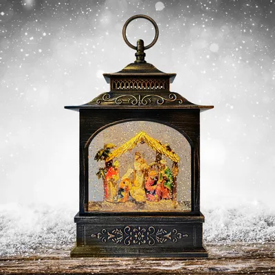 Nativity scenes and santons - Antique-Style LED Nativity Lantern with Music, Warm White Light, Glitter & DC - BLUE STAR B.V.