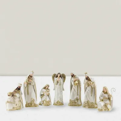 Crèches et santons - Crèche Élégante – Ensemble de 8 Figurines Blanc et Or - BLUE STAR B.V.