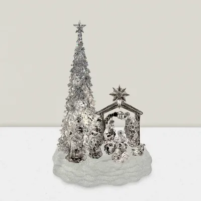 Nativity scenes and santons - LED Musical Nativity Scene with Tree – Crystal Look & Glitter Base - BLUE STAR B.V.