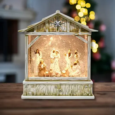 Nativity scenes and santons - LED Nativity Scene Lantern with Glitter, Warm White Light, Timer & DC - BLUE STAR B.V.