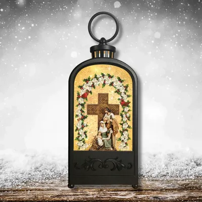 Nativity scenes and santons - Holy Family Lantern with Cross & Floral Arch – Illuminated Nativity Scene - BLUE STAR B.V.