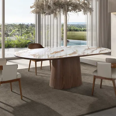 Dining Tables - Porcelain marble and walnut half round oval dining table - ANGEL CERDÁ