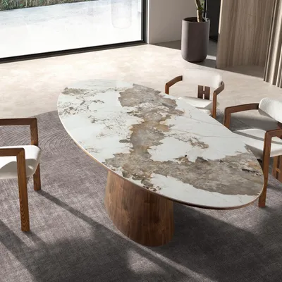 Tables Salle à Manger - Table de salle à manger ovale en marbre en porcelaine et noyer - ANGEL CERDÁ