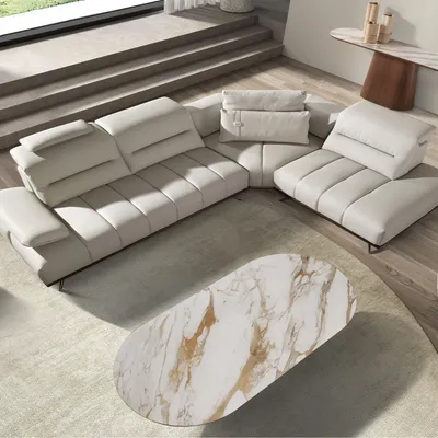 Sofas - Right chaise longue sofa in light grey leather - ANGEL CERDÁ