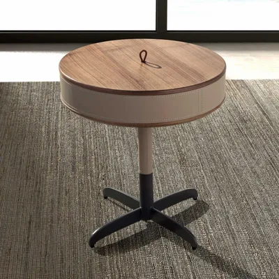 Tables basses - Table d'angle ronde en similicuir, noyer et acier gris - ANGEL CERDÁ