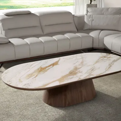 Tables basses - Table basse ovale demi-ronde en porcelaine et noyer - ANGEL CERDÁ