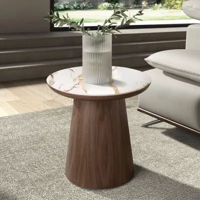 Tables basses - Table d'angle ronde en porcelaine et noyer - ANGEL CERDÁ