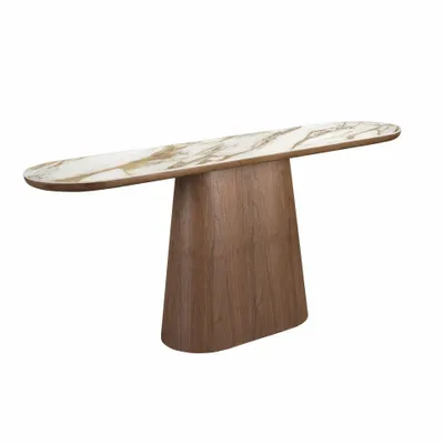 Console table - Porcelain marble and walnut half round oval console table - ANGEL CERDÁ