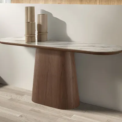 Consoles - Table console ovale demi-ronde en porcelaine et noyer - ANGEL CERDÁ