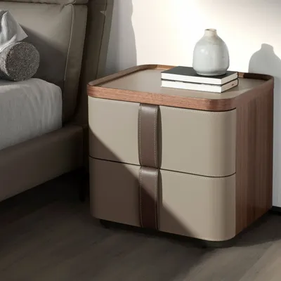 Tables de nuit - Table de chevet en similicuir, noyer et base en acier poli - ANGEL CERDÁ