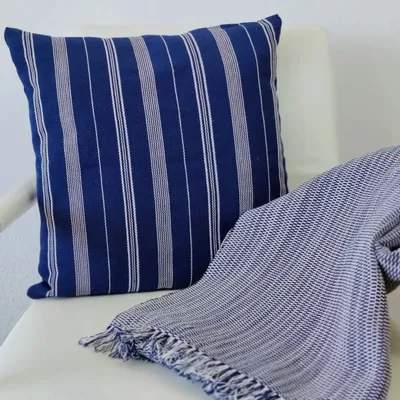 Fabric cushions - Cushion Cover Handwoven | Tsiame royal blue with beige stripes - SOLOKO