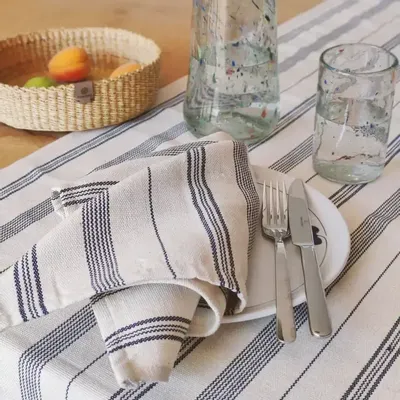 Serviettes - Serviette en coton tissée à la main | Tsiame beige à rayures bleues - SOLOKO