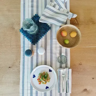 Nappes - Chemin de table en coton tissé à la main | Tsiame beige à rayures bleu - SOLOKO