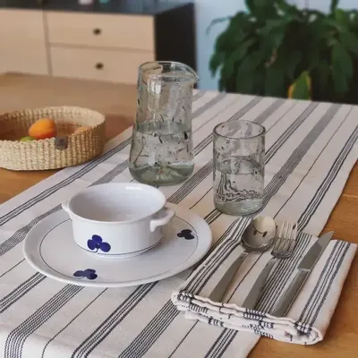 Table cloths - Handwoven Cotton Table Runner | Tsiame Beige Blue Stripes - SOLOKO