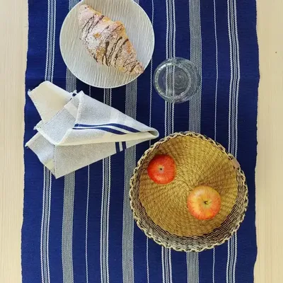 Table cloths - Handwoven Cotton Table Runner | Tsiame Royal Blue, Beige Stripes - SOLOKO