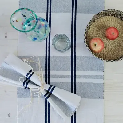 Table cloths - Handwoven Cotton Table Runner | Anloga Royal Blue, Beige - SOLOKO