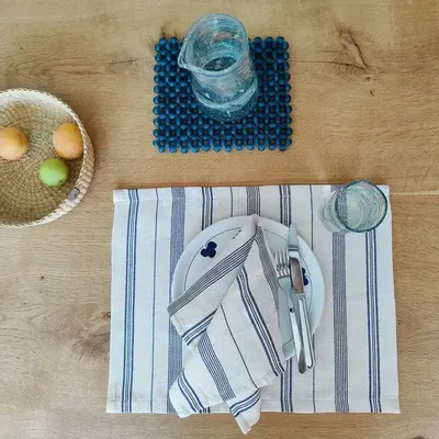 Placemats - Handwoven Placemat Napkin | Tsiame Beige Blue Stripes - SOLOKO