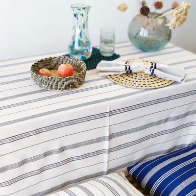 Table cloths - Tsiame Handwoven Tablecloth Cotton | Beige, Blue Stripes - SOLOKO