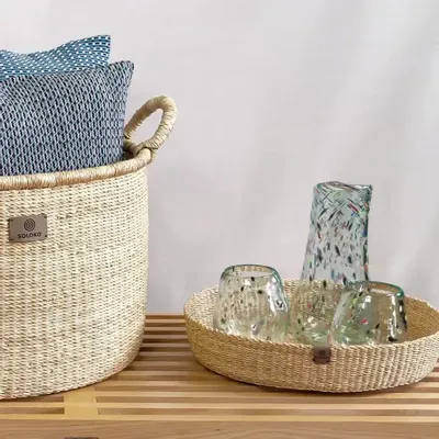 Baskets - Venyo Low - Woven Table Basket| Tray & Serving Basket | Nature - SOLOKO