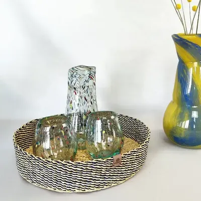 Baskets - Venyo Low - Woven Table Basket| Tray & Serving Basket | Blue - SOLOKO