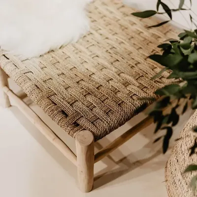 Benches - Wooden Bench with Palm Leaf Weaving – 190 cm | Cosydar Déco - COSYDAR-DECO