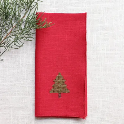 Linge de table textile - Serviette en lin PUNTO CROCE | Sapin de Noël - GIARDINO SEGRETO