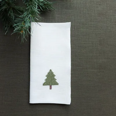 Linge de table textile - Serviette en lin PUNTO CROCE | Sapin de Noël - GIARDINO SEGRETO