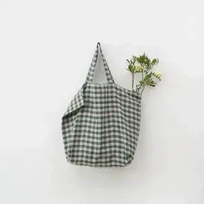 Sacs et cabas - Grand sac en lin vichy vert forêt - LINEN TALES
