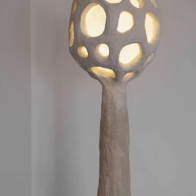 Floor lamps - Buton Sculptural Floor Lamp – Biocomposite Base & Linen Shade - PLETOSTUDIO