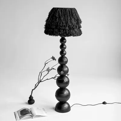 Floor lamps - WABI Japandi Floor Lamp – Handmade Charred Wood & Wool - PLETOSTUDIO