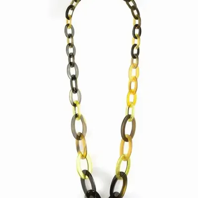 Bijoux - Sautoir anneaux plats ovales de 3 tailles en corne blonde et noire - L INDOCHINEUR X RIVÊT