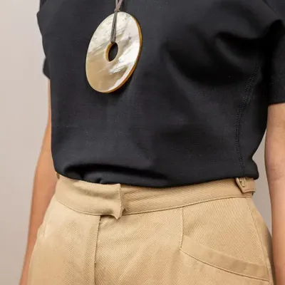 Bijoux - Pendentif grand anneau plat en corne noire marbrée - L INDOCHINEUR X RIVÊT