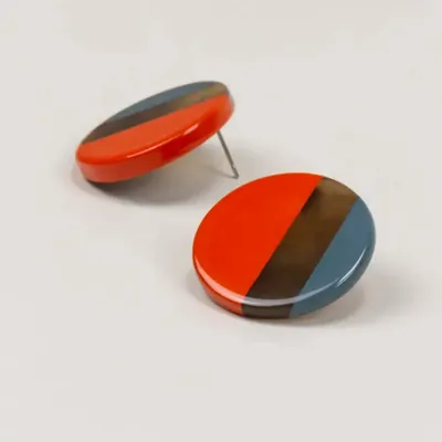 Bijoux - Boucles d'oreilles clip disque laqué bicolore orange et gris-bleu - L INDOCHINEUR X RIVÊT