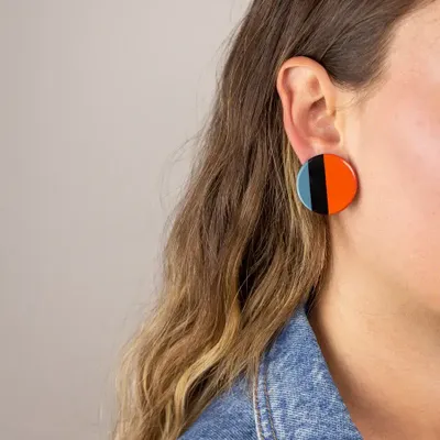 Jewelry - Orange and gray-blue lacquered disc clip earrings - L INDOCHINEUR X RIVÊT