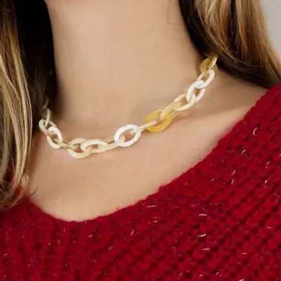 Jewelry - Flat oval rings short necklace in white horn - L INDOCHINEUR X RIVÊT