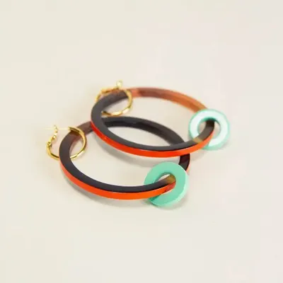 Bijoux - Boucles d'oreilles grand anneau et petit anneau laqués jaune bleu - L INDOCHINEUR X RIVÊT