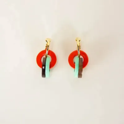 Bijoux - Boucles d'oreilles 3 petits anneaux laqués beige et vert kaki - L INDOCHINEUR X RIVÊT