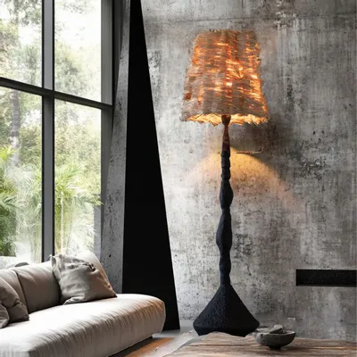 Lampadaires - Stozhar – Sculptural Floor Lamp with Raffia Shade & Biocomposite Base - PLETOSTUDIO