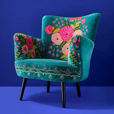Fauteuils - Fauteuil en Velours avec Motif Floral Frida, Turquoise - WERNS