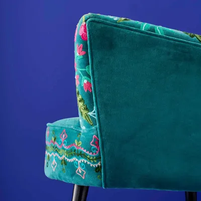 Armchairs - Velvet Chair with Frida Floral Pattern, Turquoise - WERNS