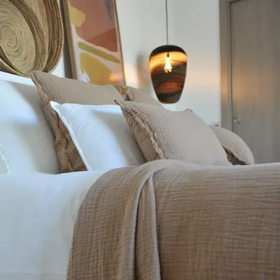 Linge de lit - DESSUS DE LIT TINO COTON ET LIN GAUFRE CANNELLE - MAISON D'ÉTÉ