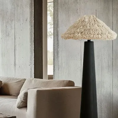 Floor lamps - Sazha Ivory Floor Lamp – Shou Sugi Ban Wood & Wool Shade - PLETOSTUDIO