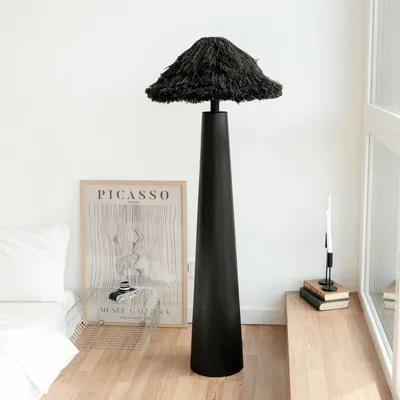 Lampadaires - Lampadaire noir Sazha — Base Shou Sugi Ban et abat-jour en laine - PLETOSTUDIO